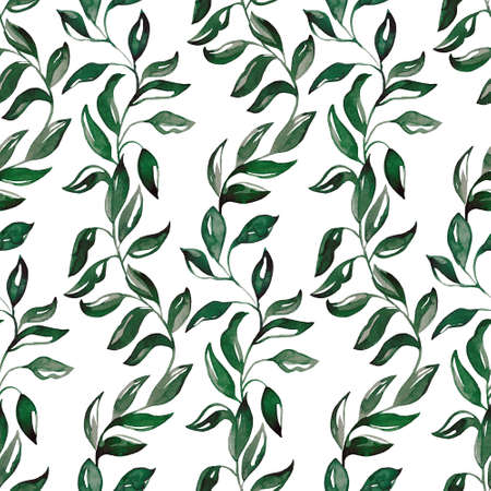 Seamless pattern with green branches. Watercolor handmade illustrations.の写真素材