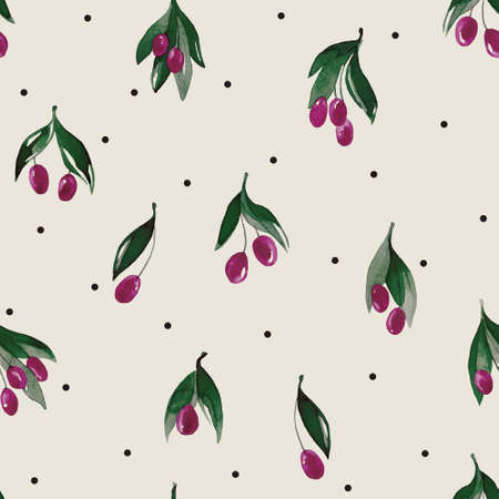 Seamless pattern with branches and berries. Watercolor handmade illustrations.の写真素材