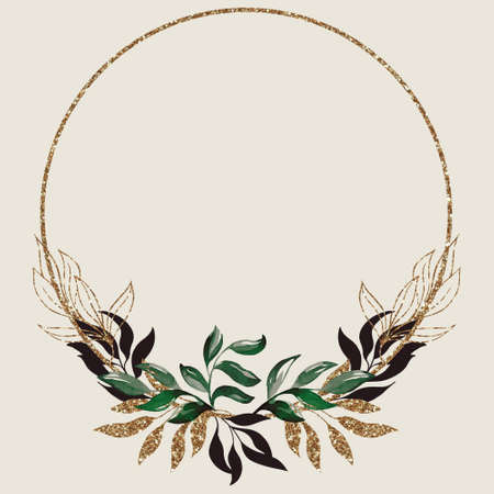 A gold frame with green branches. Watercolor handmade illustrations. For weddings and celebrationsの写真素材