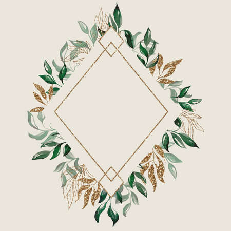 A gold frame with green branches. Watercolor handmade illustrations. For weddings and celebrationsの写真素材