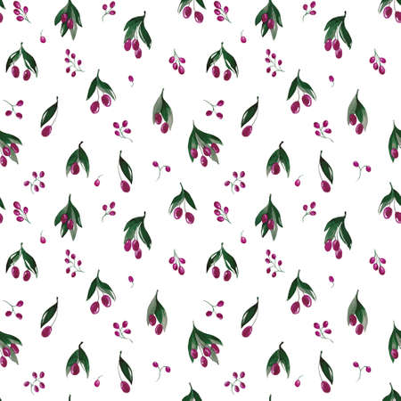 Seamless pattern with branches and berries. Watercolor handmade illustrations.の写真素材