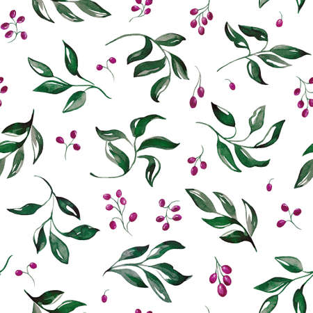 Seamless pattern with branches and berries. Watercolor handmade illustrations.の写真素材