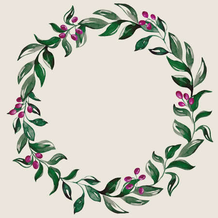 Frame with green branches and pink berries. Watercolor handmade illustrations. For weddings and celebrationsの写真素材