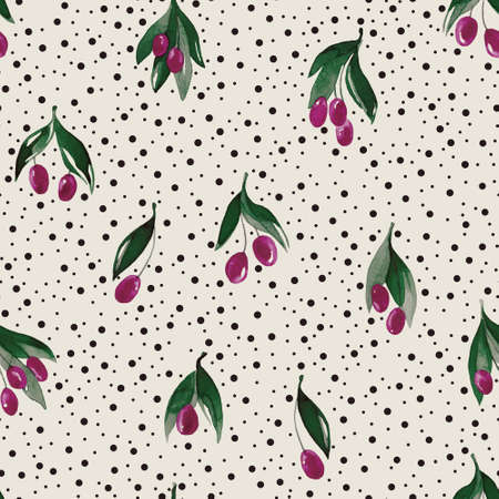 Seamless pattern with branches and berries. Watercolor handmade illustrations.の写真素材