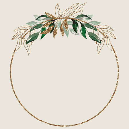 A gold frame with green branches. Watercolor handmade illustrations. For weddings and celebrationsの写真素材