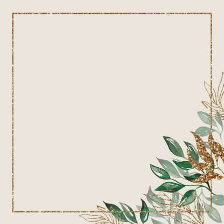 A gold frame with green branches. Watercolor handmade illustrations. For weddings and celebrationsの写真素材