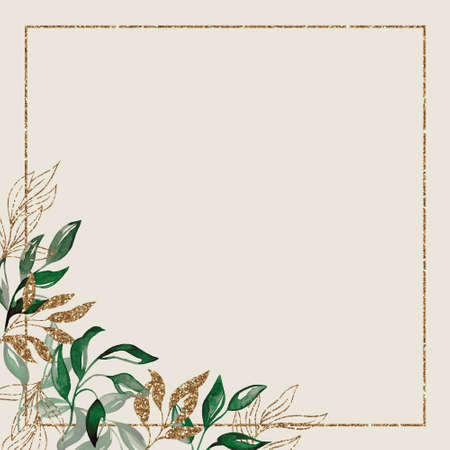 A gold frame with green branches. Watercolor handmade illustrations. For weddings and celebrationsの写真素材