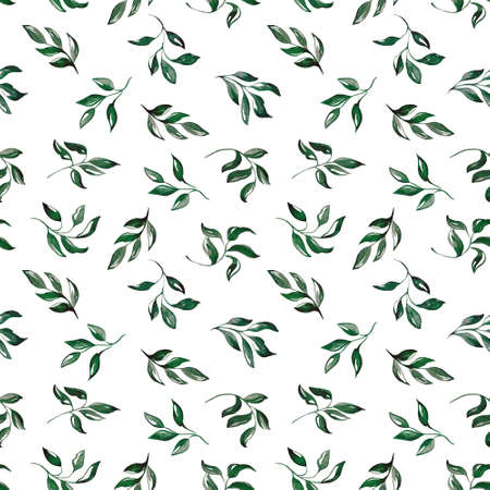Seamless pattern with green branches. Watercolor handmade illustrations.の写真素材