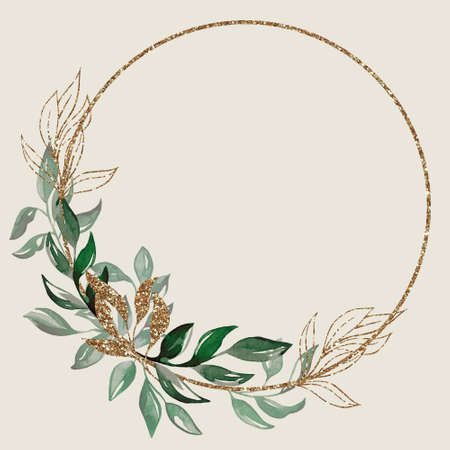 A gold frame with green branches. Watercolor handmade illustrations. For weddings and celebrationsの写真素材