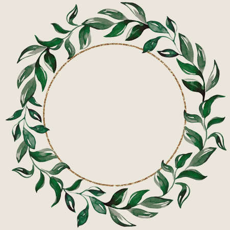 A gold frame with green branches. Watercolor handmade illustrations. For weddings and celebrationsの写真素材