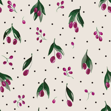 Seamless pattern with branches and berries. Watercolor handmade illustrations.の写真素材