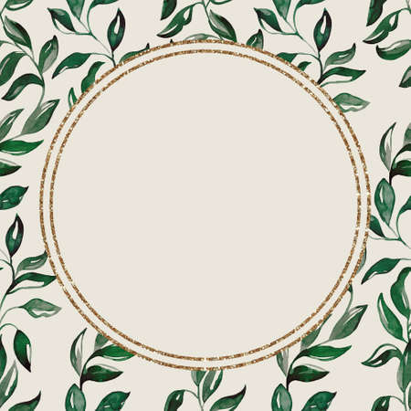 A gold frame with green branches. Watercolor handmade illustrations. For weddings and celebrationsの写真素材