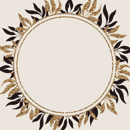 A gold frame with green branches. Watercolor handmade illustrations. For weddings and celebrationsの写真素材