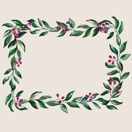Frame with green branches and pink berries. Watercolor handmade illustrations. For weddings and celebrationsの写真素材