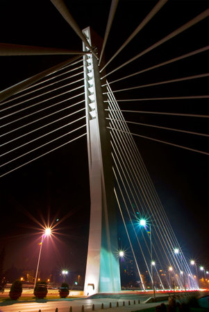 night shot of modern bridge with lightsの写真素材