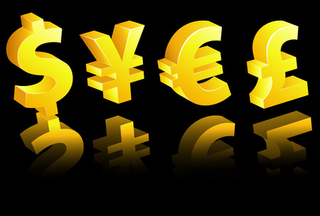 vector set of workd currency with reflection over blackのイラスト素材