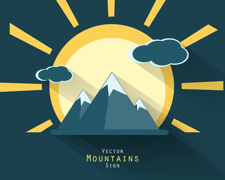 Mountain vector tourist flat icon with long shadows. Vector sighs, elements for your design. Sun, clouds, mountains vector elements.のイラスト素材