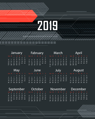 colorful calendar 2019 design. Modern vector illustration with copy space. Elements for your work. Bright template. Eps10のイラスト素材