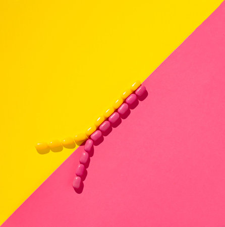 candys arrangment.minimal flat lay creative concept.pink and yellow background and top view
