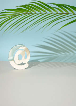 sign at for mail in a summer palm shadow lights.grey blue background minimal concept modern ideaの写真素材