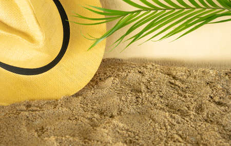 summer aesthetic concept.hat on a sand with green palm treeの写真素材