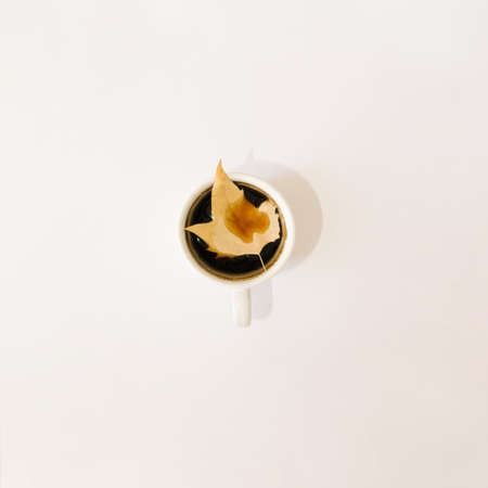 cup of coffee with yellow gold autumn leaf in the middle.white background nature minimal art conceptの写真素材