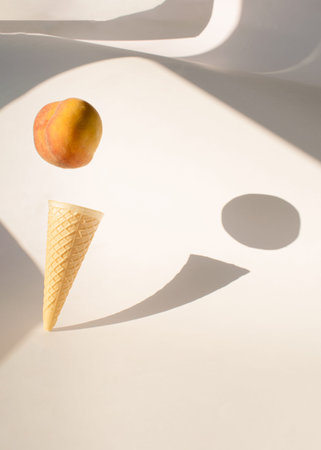 peach orange and red floating with ice cream cone on a white background.abstract shadows food concept designの写真素材