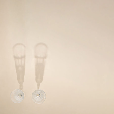 champagne glasses on a beige table.strong interesting shadows.flat lay celebration design.Holiday party concept.cheers merry ideaの写真素材