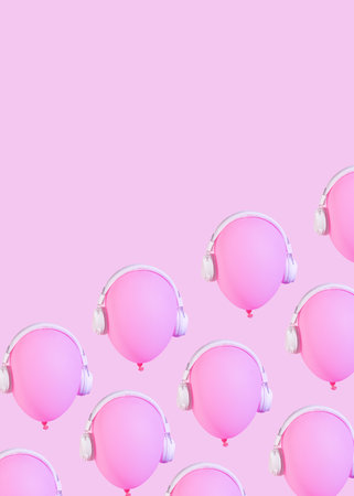 balloon pattern pink with headphones.pink background.balloon head listening to the music.concept design idea.vibrant 80s colorsの写真素材