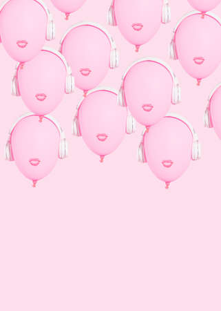 balloon pink with white headphones.pink background.balloon head with lips listening to the music.red lipstick kiss.concept design idea pattern.vibrant 80s colorsの写真素材