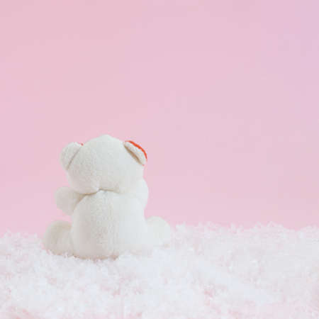 White little teddy bear on a snow sitting still.Soft pink background atmosphere.Winter holidays Christmas design idea.nature home concept designの写真素材