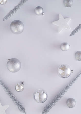 winter holiday Christmas design.Silver frozen colors on a white background.flat lay aesthetic New Year design ideaの写真素材