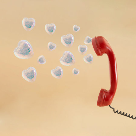 red retro phone with hearts coming out of it.communication concept.love visual valentine old fashion...