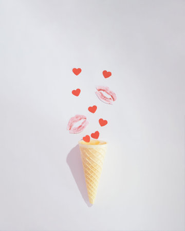 Kisses with small red hearts coming out of ice cream cone on a white background. Flat lay Valentine...