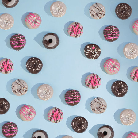 Doughnuts in row making pattern.Colorful food design. Flat lay aesthetic on a soft blue background...
