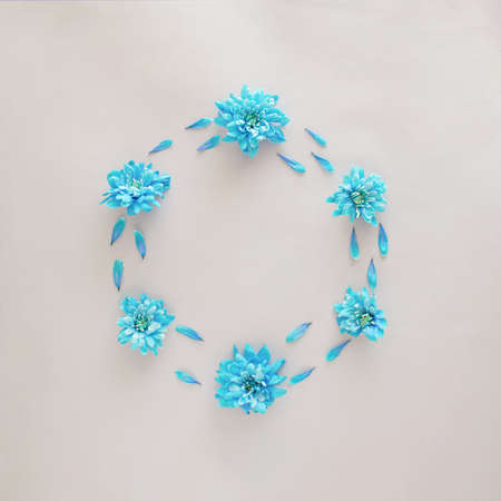 Soft blue flowers making round copy space. Spring summer happy awakening concept. Nature minimal designの写真素材