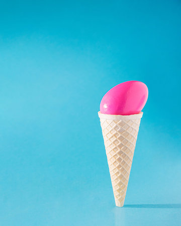 Easter egg pink in ice cream cone. Ice cream standing straight and making sunny day shadow. Abstract holiday spring designの写真素材