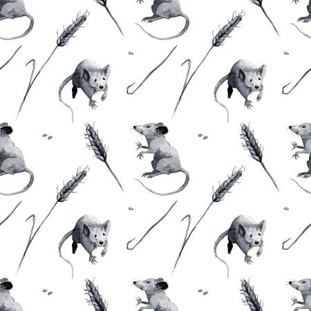 Watercolor seamless pattern with gray mice. Hand-drawn backdrop for the fabric or wrapping paper.の写真素材