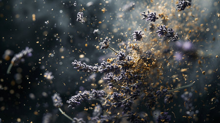 Photo pour Lavender sprigs, crushed flowers flying in the light on dark background - image libre de droit