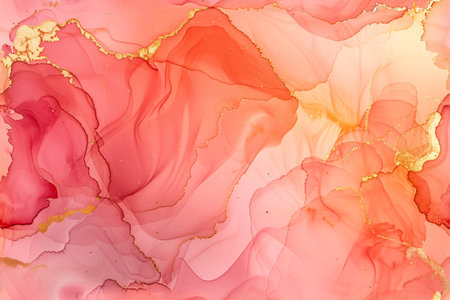 An abstract background in alcohol ink painting, mixture of peachy, orange, pink and light grey colors, with glowing golden veins and splashes. Fluid painting, luxury abstract, dreamy designの素材