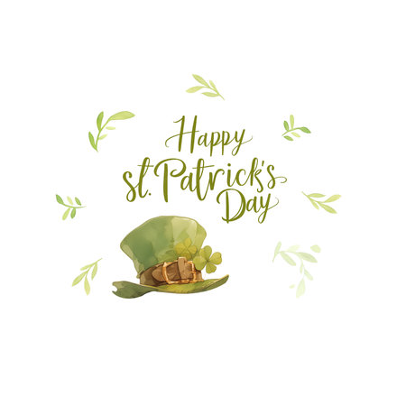 Saint Patrick's Day greetings card with clover leaf, green hat and letteringの素材