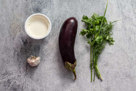 raw ingredients fucking fried eggplant with garlic sauceの写真素材