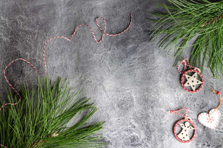 christmas background gray color with green pineの写真素材