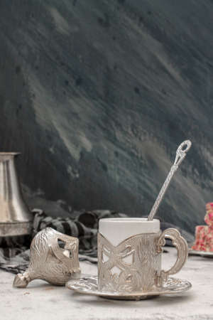 Oriental sweets Turkish delight and carved cupの写真素材