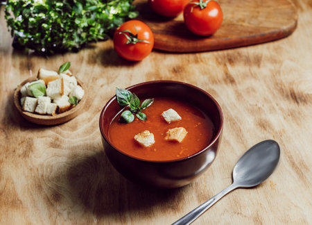 tomato soup in a brown plate stands on a wooden background, rusticの写真素材