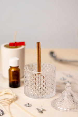 Glass carved glass for a candle with a wooden wick. Candle Makingの写真素材