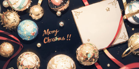 Merry Christmas, painted greeting card, Christmas balls and stars on a dark table, top view, background, place for textの素材