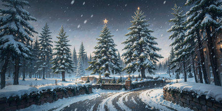 Winter Christmas landscape. Christmas trees with stars on top of the tree, its snowing. Illustrationの素材