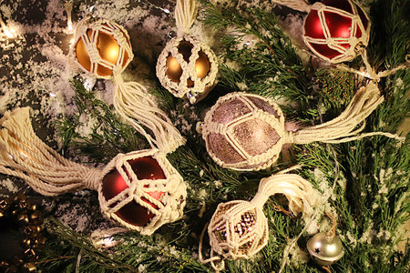 Christmas holidays background. New Years balls in boho styleの写真素材