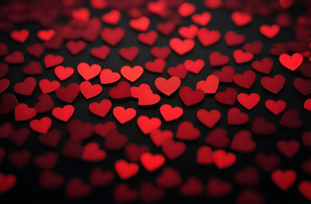 A scattering of small red hearts on a black background.の素材